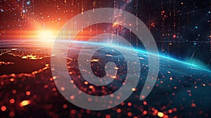 Global Data Network Connectivity, Technology Background with City Lights, and Binary Code