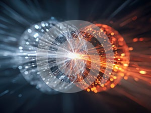 Digital representation of energy flow and atomic particles colliding with dynamic light trails in contrasting blue and orange hues