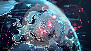 Global Network Connection Visualization with Lines and Dots Showing Data Flow on a World Map