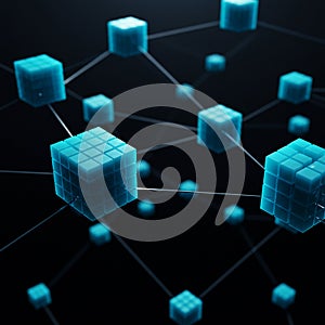 A digital representation featuring interconnected blue 3D cubes, resembling a