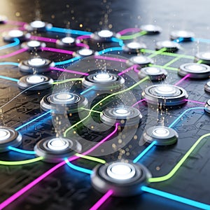 A digital representation featuring interconnected, luminous
