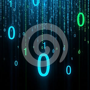 Code (0s and 1s) cascading down a dark background, resembling a