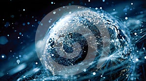 Digital representation of a globe with illuminated cities and network connections symbolizing global communication and advanced