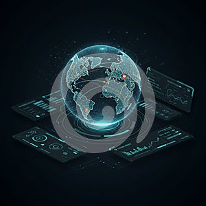 A digital representation of a globe is surrounded by futuristic data