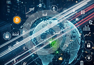 A digital representation of a globe is surrounded by various