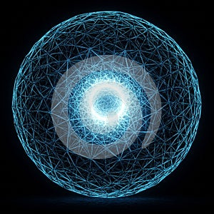 A digital representation of a glowing blue sphere comprised of interconnected lines