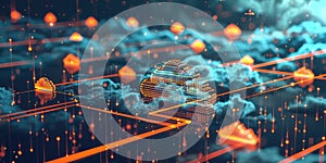 Digital representation of a glowing cloud with interconnected nodes. AIG49.