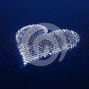 A digital representation of a heart made from binary code (0s and 1s) on a dark blue