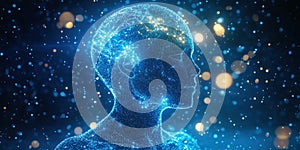 Digital representation of human brain and silhouette, glowing particles, abstract technology concept, artificial