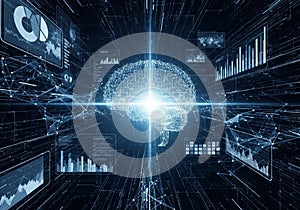 Digital representation of a human brain surrounded by data