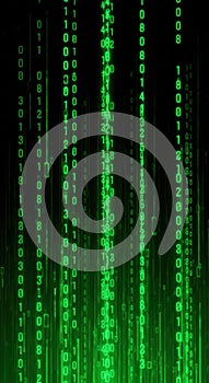 Green Matrix Code Rain: Digital Data Stream on Black Background