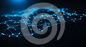 A digital representation of a network with interconnected points forming blue lines