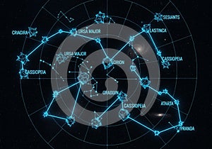 A digital representation of a night sky filled with constellations