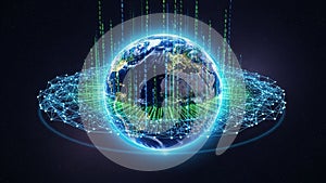 Digital representation of planet Earth surrounded by a glowing network of data streams and binary code