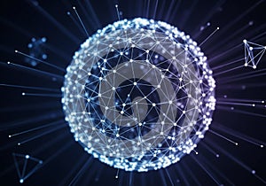 A digital representation of a sphere composed of interconnected lines and nodes, resembling a