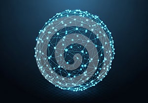 A digital representation of a spherical network composed of interconnected nodes and lines,