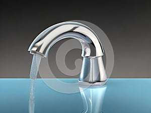 Digital representation of a tap with a drop of water gushing out of it, conceptual art, hyperrealistic.