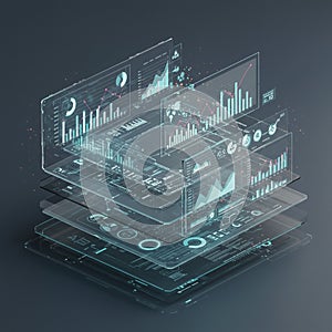 A digital representation of transparent, layered data interfaces, featuring charts and