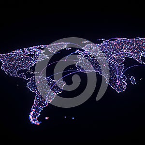 Digital representation of a world map featuring interconnected points of light against