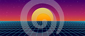 Digital retro landscape in 1980s style. Futuristic perspective grid. 80s Retro Sci-Fi background. Album cover or banner in the