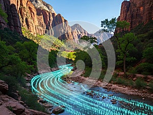 Digital River of Binary Code Flows Through Canyon