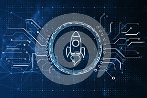 Digital rocket launch symbol in a blue tech network background, representing futuristic technology.