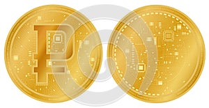 Digital Ruble coin with symbol of Russian Ruble on it in electronic cyberspace