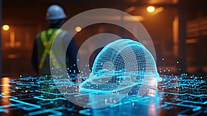 Digital safety helmet concept with worker in background, futuristic construction