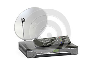 Digital satellite receiver with satellite dish, telecommunications concept. 3D rendering