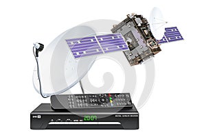 Digital satellite receiver with satellite and satellite dish. 3D rendering