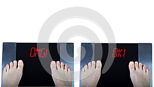 Digital scales with signs `omg` and `ok` on white background