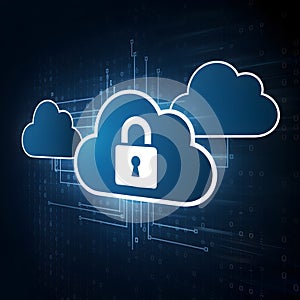 Cloud with padlock, binary code backdrop, emphasizing cloud computing and data security