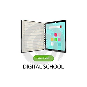 Digital school. On-line educational blue vector logo. Open book with pages and pixels. Virtual i.q. courses identity. E-book  e-