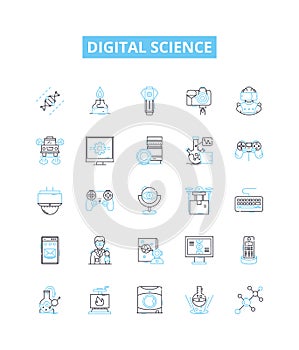 Digital science vector line icons set. Digital, Science, Technology, Data, Network, Modeling, Algorithms illustration