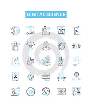 Digital science vector line icons set. Digital, Science, Technology, Data, Network, Modeling, Algorithms illustration