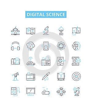 Digital science vector line icons set. Digital, Science, Technology, Data, Network, Modeling, Algorithms illustration