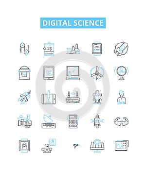 Digital science vector line icons set. Digital, Science, Technology, Data, Network, Modeling, Algorithms illustration