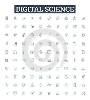 Digital science vector line icons set. Digital, Science, Technology, Data, Network, Modeling, Algorithms illustration