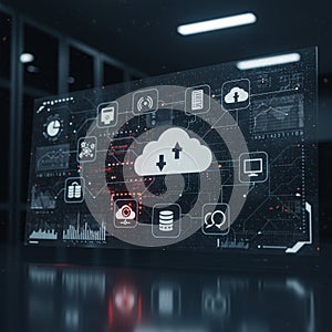 Digital screen displaying cloud computing icons and data-related symbols, set in a