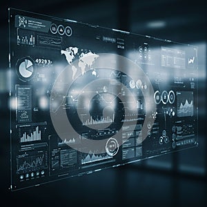 Digital screen displaying data analytics in a futuristic interface. Features include a