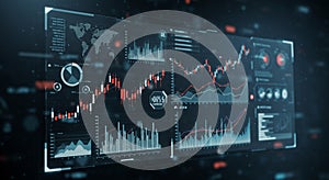 Digital screen displaying multiple financial charts, including line graphs and bar charts