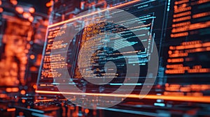 Digital screen displaying programming code and cybersecurity data