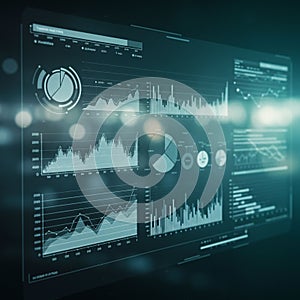 Digital screen displaying various data visualizations, including line graphs, bar charts,