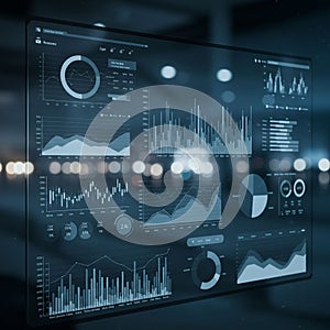 Digital screen displaying various graphs and charts, including bar graphs, line graphs,