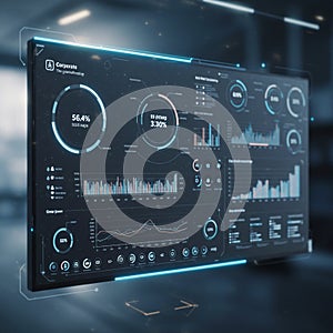 A digital screen displays a futuristic user interface with various data visualizations.