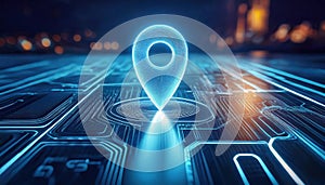 Geo locate and navigation concept featuring a glowing pinpoint icon on a digital screen with a hyper realistic design