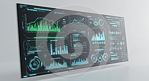 A digital screen displays an interface with various data visualizations and charts. The