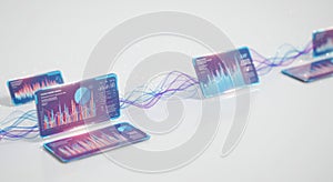 Digital screens displaying business data analysis with interconnected lines and networks.