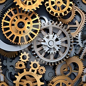 A digital sculpture of interlocking gears and cogs, turning and rotating in a synchronized motion3