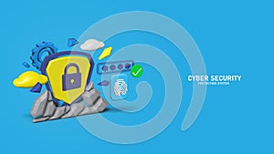Digital security authentication concept. 3d Protection cyber secure icon. Realistic 3d padlock with password and shield.